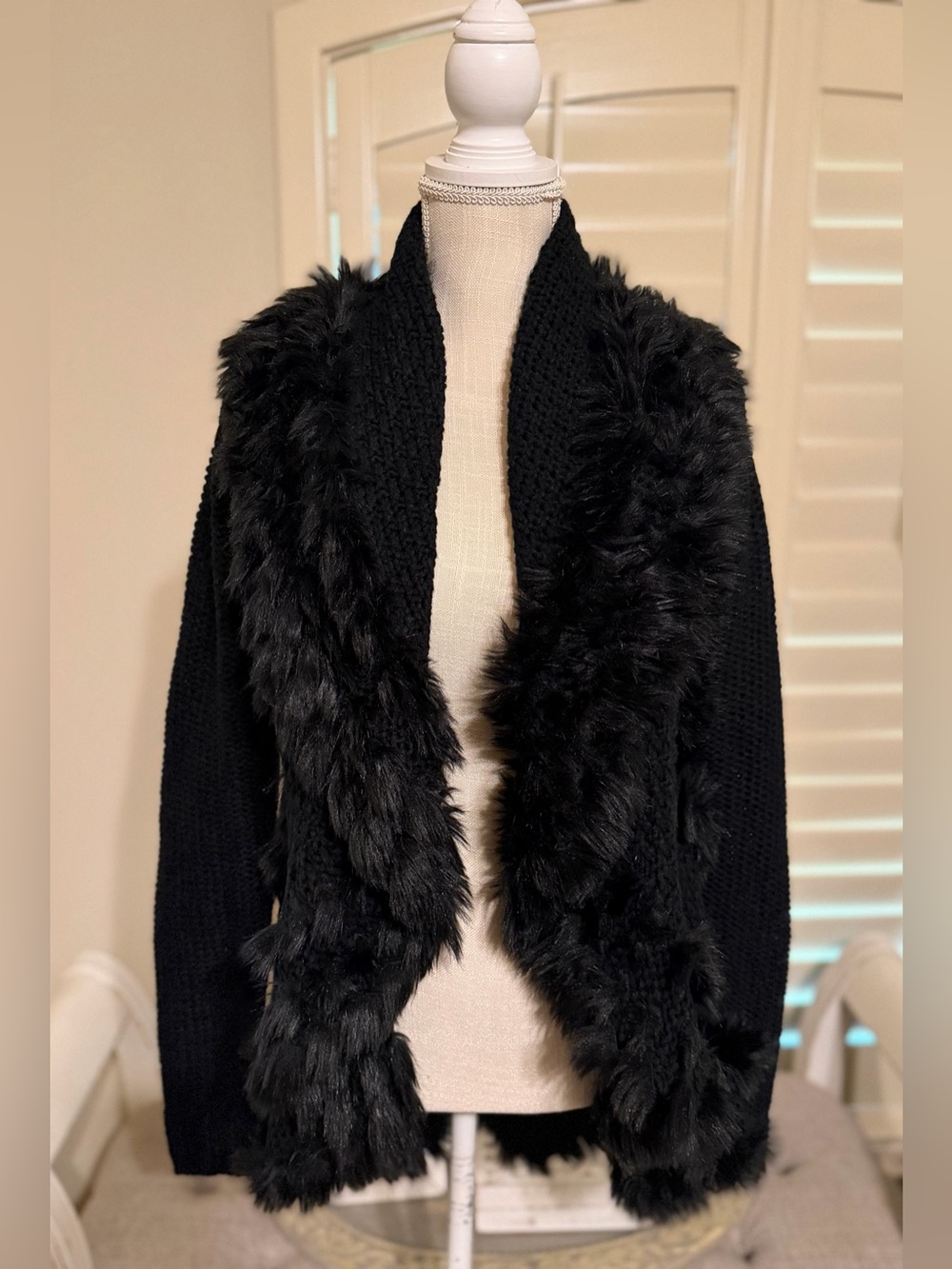 K Jordan Open-Front Black Faux Fur Trim Sweater